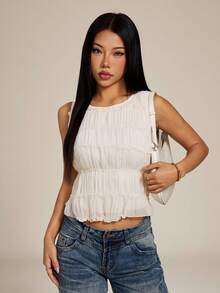 SHEIN PETITE Women's Minimalist Casual Solid Color Textured Waist Fitted Tank Top, Summer, Petite Brunch White - Apricot - View 3