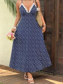 Sunnyshic Plus Size Women's Navy Blue Ditsy Floral Maxi Dress With White Lace Trim, 3D Flower Decor, V-Neck, Spaghetti Straps, Backless, Cinched Waist, A-Line - Navy Blue - View 1