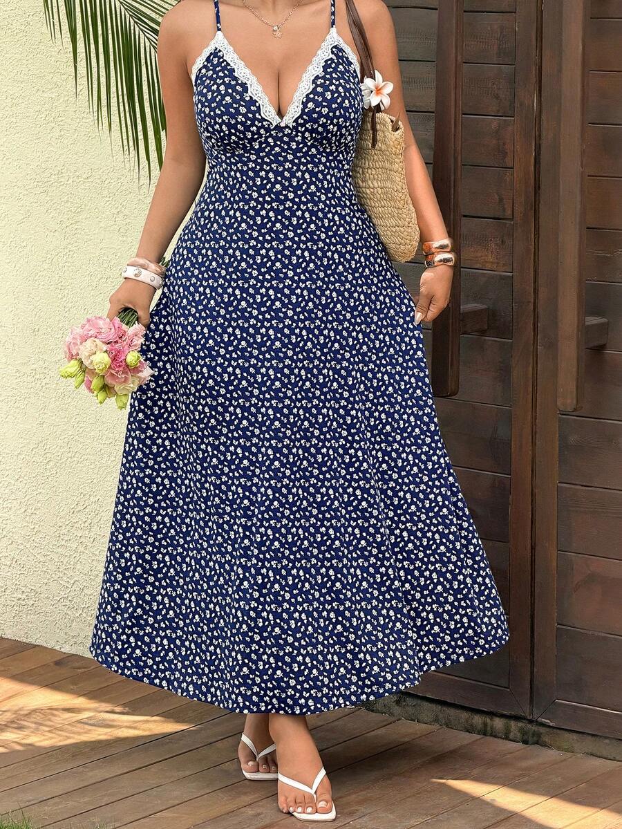 Sunnyshic Plus Size Women's Navy Blue Ditsy Floral Maxi Dress With White Lace Trim, 3D Flower Decor, V-Neck, Spaghetti Straps, Backless, Cinched Waist, A-Line - Navy Blue - View 1