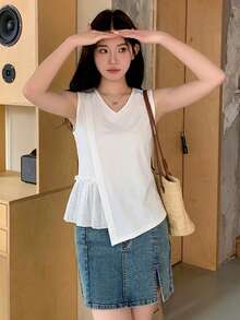 DAZY 女款純色V領無袖不對稱下擺百褶設計T恤 夏季 - 白色 - 查看 3