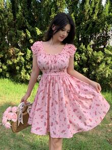SHEIN Unity 女款休閒可愛碎花迷你洋裝，夏季野餐早午餐粉色花卉 - 彩色 - 查看 7