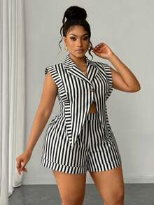 Maweii Plus Size Women's Striped Button-Up Asymmetrical Hem Shirt And Loose Long Pants 2 Pieces Set - Black and White - View 3