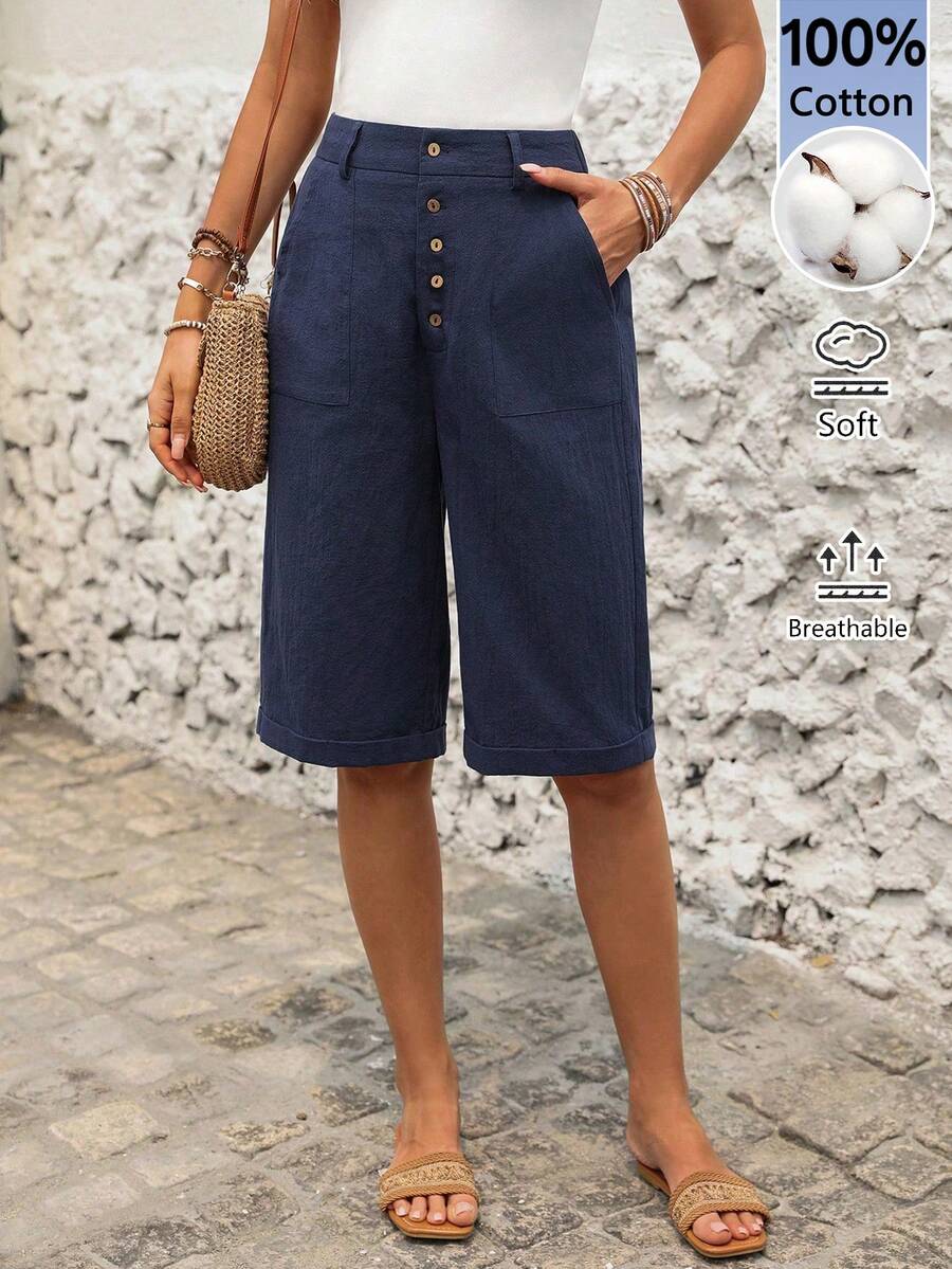 SHEIN LUNE Women's Chic Elegant Navy Blue 100 Percent Cotton Slant Pocket Bermuda Shorts, Summer Vacation Casual Solid Color Half Pants Daily Wear - Blue - View 1