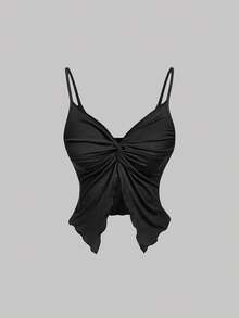 SHEIN MOD 女款扭結抓皺休閒百搭日常出遊細肩帶上衣 2件組 - 黑與白 - 查看 5