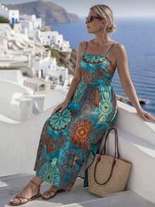 GlowEve CURVE Plus Size Women Floral Print Casual Fashionable Spaghetti Strap Dress Gym Brown Summer - Multicolor - View 5