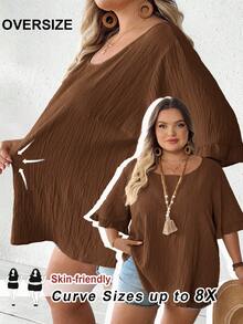 SHEIN CURVE+ 大尺碼女款卡其色荷葉邊短袖襯衫，寬鬆休閒下襬，適合日常與度假穿著，夏季，Curve Plus，Hoho Vacation夏季/鄉村/海灘度假穿搭/海灘穿搭/海灘服飾 - 棕色 - 查看 3