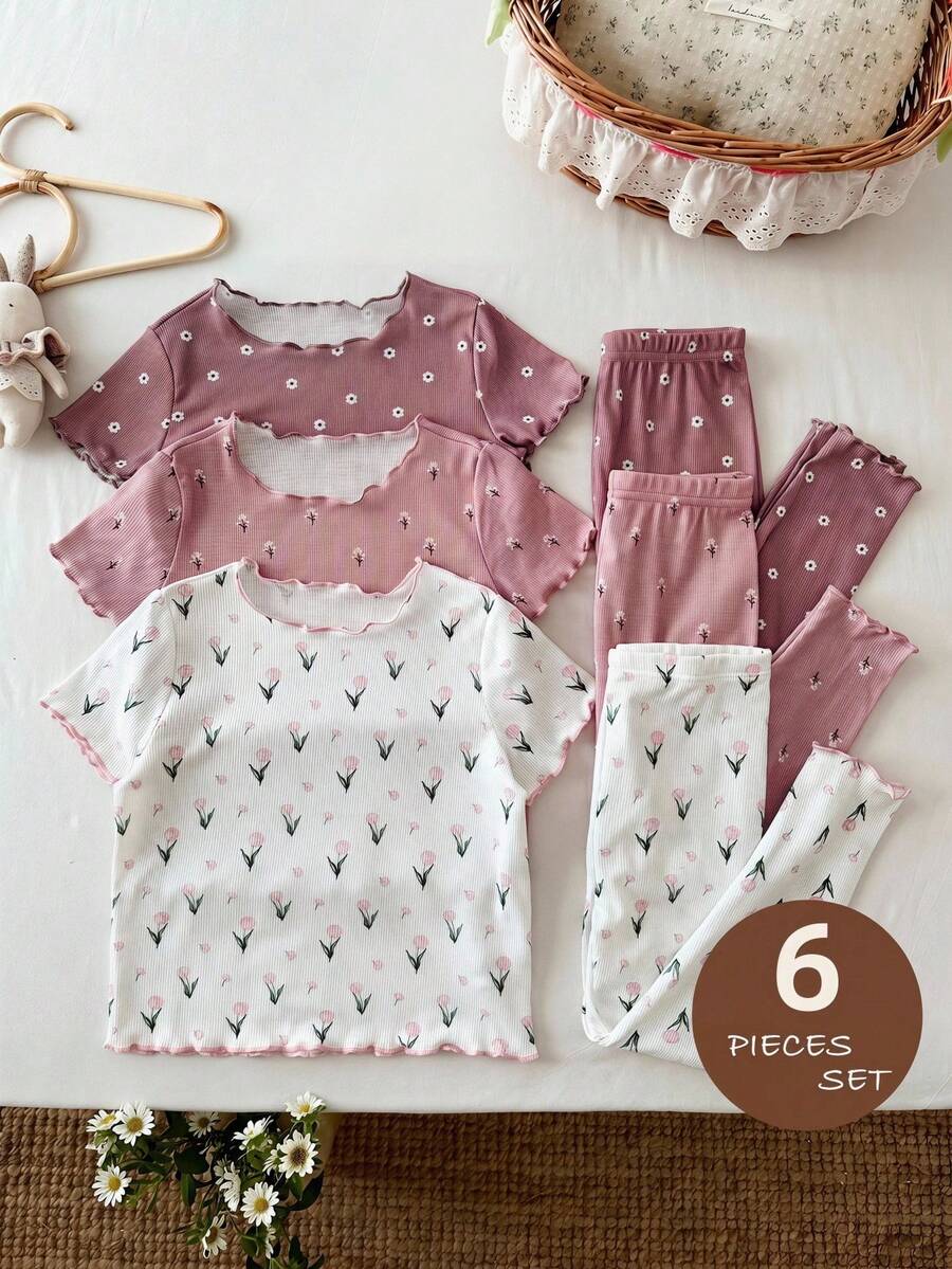 SHEIN 少女 6件/套 可愛碎花寬鬆短袖套頭上衣 & 休閒運動內搭褲套裝 - 彩色 - 查看 1