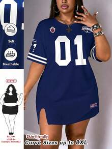 SHEIN CURVE+ 大尺碼女款數位印花圓領短袖休閒洋裝 - 藏蓝色 - 查看 1
