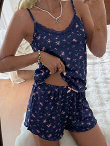 CottageSlumber Knitted Ribbed Ditsy Floral Print Camisole Set - Navy Blue - View 6