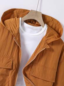 SHEIN Tween Girl Solid Color Dropped Shoulder Long Sleeve Utility Pocket Zipper Placket Hooded Jacket - Khaki - View 3