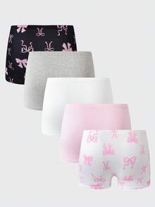 5件組女孩青少年休閒平口內褲，粉色、白色、海軍藍與灰色。採用柔軟輕盈的針織面料設計，適合四季穿著。這款內褲印有可愛蝴蝶結圖案，舒適光滑的材質搭配溫和彈性腰帶，確保貼身舒適，是女孩衣櫥必備的日常穿著。 - 彩色 - 查看 2