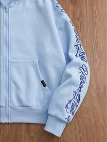 SWAVVY Men's Knit Fashion Daily Young Casual Loose English Embroidery Long Sleeve Hoodie - Baby Blue - View 3