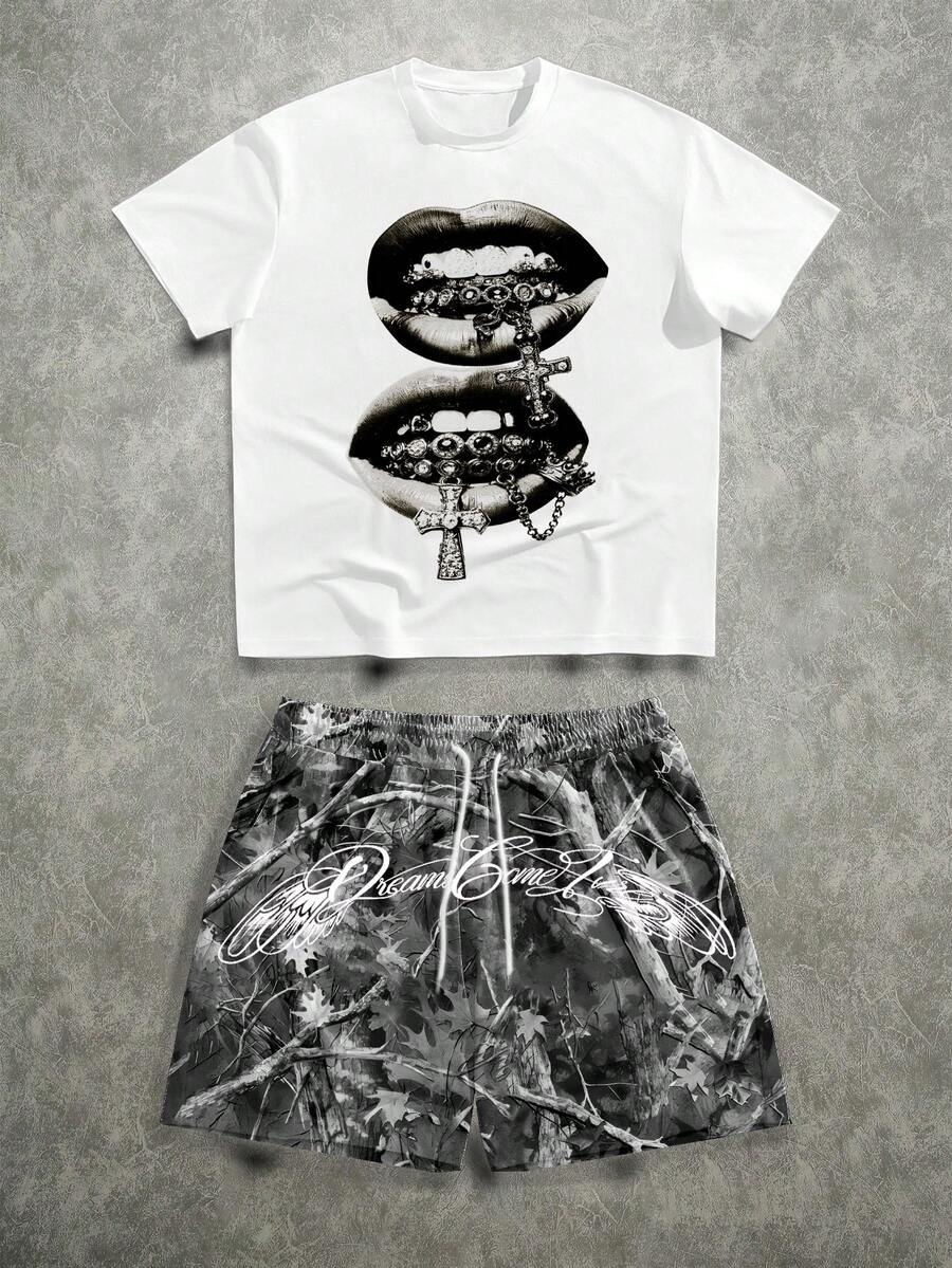 Manfinity ZONE917 Men's White Short Sleeve T-Shirt And Camouflage Shorts Set,Street Wear Summer Night Style,Loose Grey Distressed Lips Gemstone Braces Cross Pattern - Multicolor - View 1