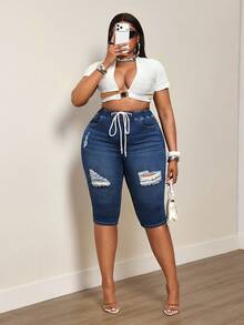SHEIN Unity Women's Plus Size Distressed Drawstring Denim Suitable For Daily Wear Navy Blue Summer Casual Formal - Dark Wash - View 7