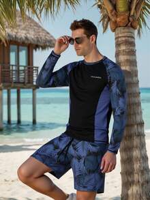 Manfinity KASUA Men's Summer Colorblock Swimwear Sun Protection Long Sleeve Top And Shorts Set - Blue - View 3