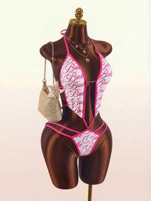 Amplova Women's One-Piece Swimsuit With Pattern Contrast Binding Rhinestone Embellishment Sexy Avant-Garde Cut-Out Backless Design Suitable For Vacation And Party Outfits - Pink - View 10