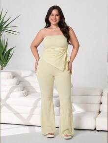 Solflare Pale Yellow Casual Plus Size Women 2 Pieces Set: Bandeau Top And Pants - Pale Yellow - View 5