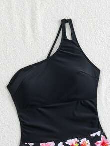 Swim Lushoire 2025 Women's New One-Shoulder Soft Color-Block Slimming 2-Piece Separates Swimsuit - Black - View 5