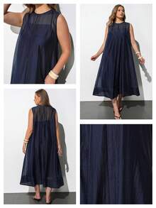 Maija Plus Size Women's Long Dress,Navy Blue Elegant Vacation Round Neck Sleeveless Loose Fit Soft Woven Fabric Modern Chic Office Autumn Outfit Halloween - Navy Blue - View 8
