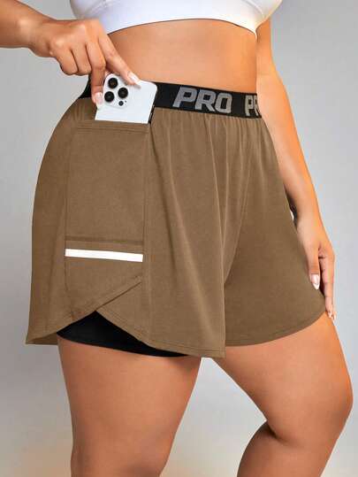 SHEIN Rhythm Era Pantalones cortos deportivos de doble capa con bolsillo y cintura con letras para mujer