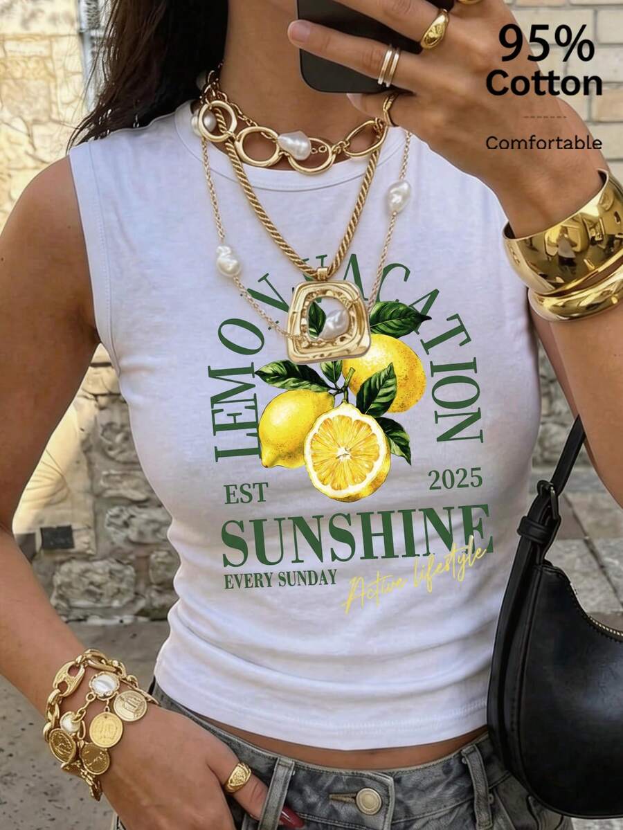 Siren Gaze Casual Tropical Minimalist Vacation Style Lemon Letter Vintage Print 95 Cotton All-Match Women's Tank Top Suitable For Spring And Summer White - White - View 1
