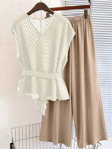 Lacomfia Plus Size Chiffon Striped Cutout Drop Shoulder Pants Casual Women's Two Pieces Set Teachers' Day Business Chocolate Brown Summer - Beige - View 2