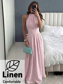 Aloruh 女士夏季连衣裙，时尚褶皱领优雅修身亚麻连衣裙；夏季波西米亚风亚麻修身A字无袖连衣裙；优雅女士无袖亚麻连衣裙；休闲度假连衣裙 - 淺粉色 - 查看 8