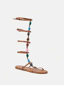 Glitzique 2024 Women's Summer New Elegant & Comfortable Buckle Tie Colorful Gem & Pearl Beachwear Flat Sandals, Viral Bestseller - Brown - View 8