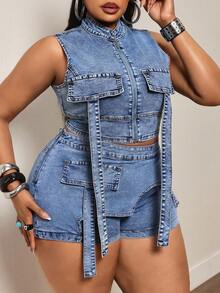 Slaydiva Summer New Arrival Zipper Closure Slim Fit Denim Jacket - Blue - View 4
