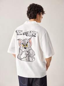 Strevion TOM & JERRY 男士休闲简约汤姆思考运动印花短袖衬衫 - 白色 - 查看 2