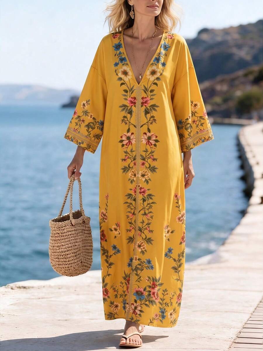 SHEIN Holidaya 印花宽松长裙,休闲沙滩裙,印花长款罩衫裙,适合度假、旅行、海滩、户外休闲、日常生活、购物、朋友聚会、东南亚/海岛旅行、主题活动、夏季户外派对、野餐、轻便度假装 - 黃色 - 查看 1