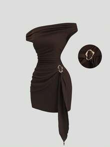 Sweetra 性感商务魅力复古简约露肩修身连衣裙，饰有金属扣和褶裥系带，适合春夏初秋穿着，休闲、派对、通勤皆宜，巧克力棕色 - 棕色 - 查看 3
