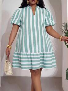 Veslaya Plus Size Women 2026 Spring/Summer New High-End Elegant Romantic V-Neck Petal Sleeve Striped A-Line Patchwork Hem Short Dress - Multicolor - View 7