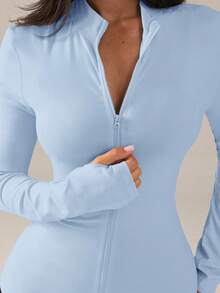 SHEIN BAE جاكيت رياضية طويلة الأكمام للنساء ذات لون أحادي، سحاب، متعددة الاستخدامات، للارتداء اليومي - أزرق فاتح اللون - مشاهدة 5