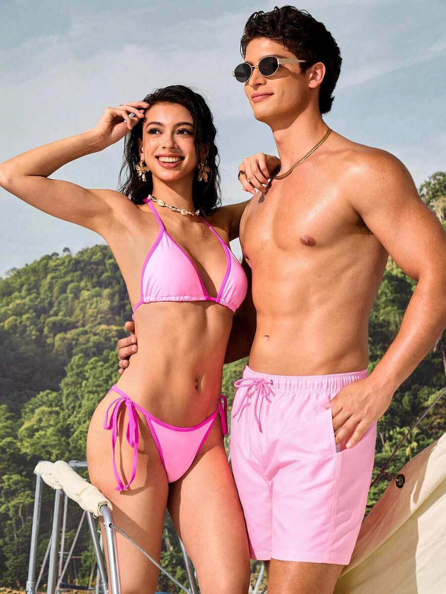 Manfinity VDAYZ 男士純色抽繩腰口袋休閒度假沙灘短褲,假日款 - 粉色 - 查看 1