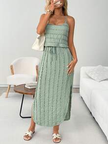 SHEIN LUNE 女款休閒紋理夏日度假通勤日常基本款時尚外出細肩帶無袖洋裝 - 灰綠 - 查看 8