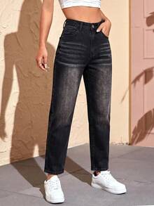 SHEIN Tall 女款休閒日常拉鍊開襟牛仔褲 - 黑色 - 查看 6