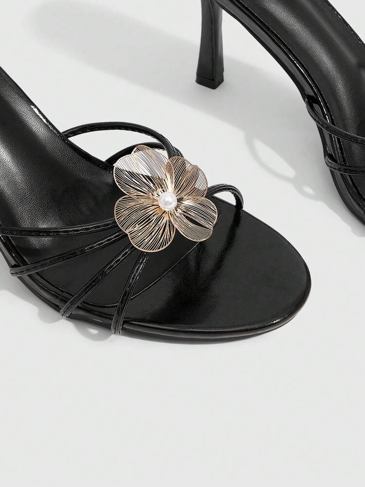 CUCCOO SZL Women Shoes Black PU With Gold Five-Petaled Flower Pearl Element Decorative Thin Strip With Fashionable And Sexy Round Toe High Heel Slippers