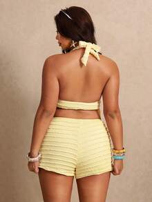 Elaquor Plus Size Women's Summer Beach 3D Starfish Pattern Decor Deep V-Neck Backless Ruched Top And Shorts Tankini Set - Light Yellow - View 2