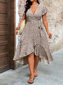 Breezaya Plus Size Women's Vacation Ditsy Floral Overlap V-Neck Ruffle Sleeve Elegant Dress - Multicolor - View 1