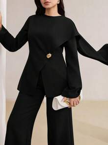 Veilorie Plus Size 2 Pieces Set Elegant Solid Color Metal Decor Shawl Ribbon Design Top And Long Pants Fall - Black - View 3