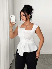Elenzga Plus Size Women's Fashionable Solid Color Sleeveless Shirt - White - View 5