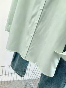 Franclia Women's Simple Solid Color Single-Breasted Lapel Long Sleeve Shirt - Green - View 4