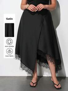 Maija Plus Size Black Elegant Sexy Skirt For Women, Autumn Vintage Asymmetrical Lace Hem Elastic Waist Skirts, Versatile Dinner Cocktail Party Wedding Guest - Black - View 2