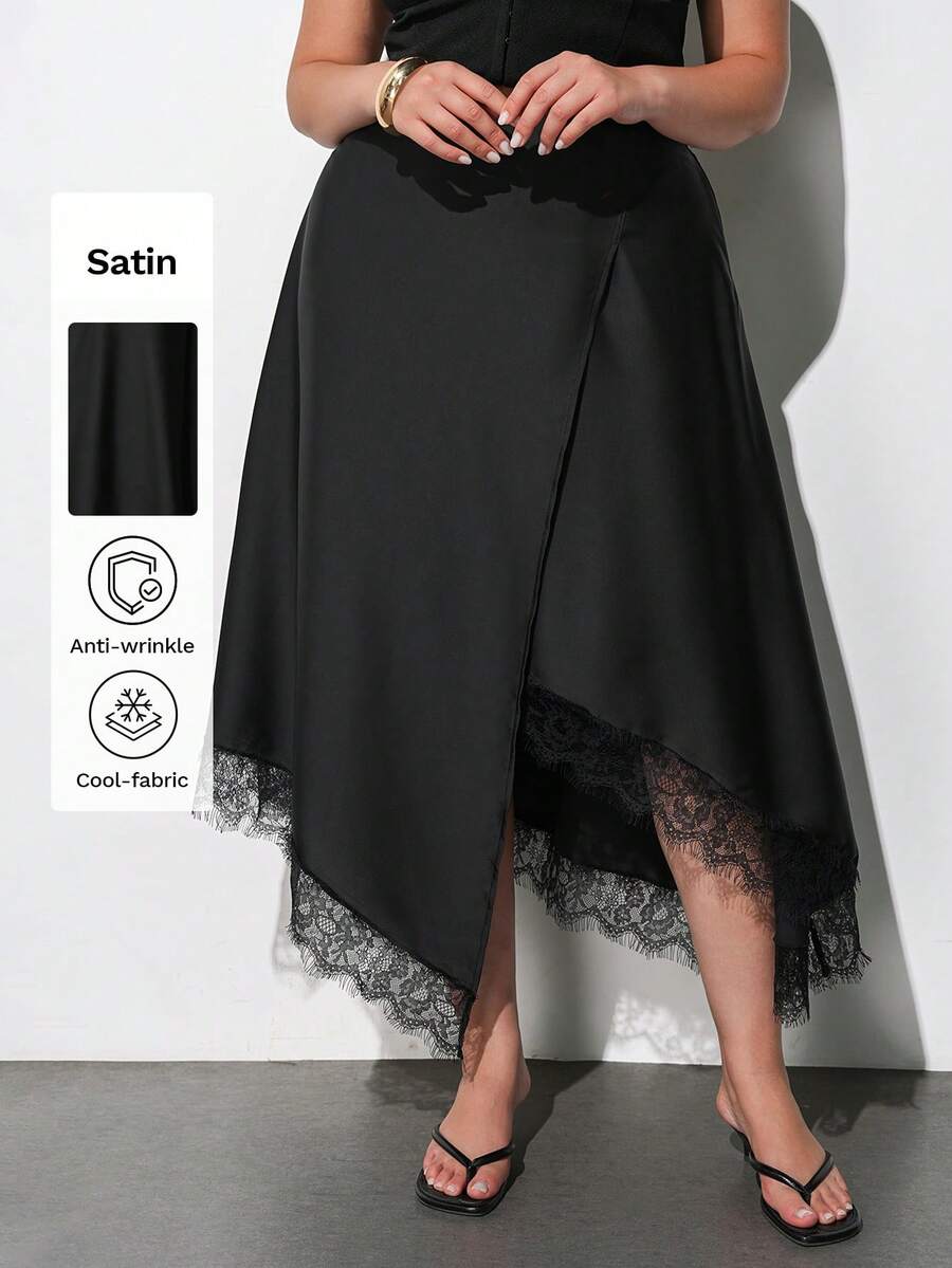 Maija Plus Size Black Elegant Sexy Skirt For Women, Autumn Vintage Asymmetrical Lace Hem Elastic Waist Skirts, Versatile Dinner Cocktail Party Wedding Guest