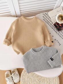 SHEIN 2pcs/Set Back To School Young Boys Brown Khaki Versatile Textured Loose Pullover Sweater, Suitable For Home, Layering, Outings And School - Multicolor - View 6