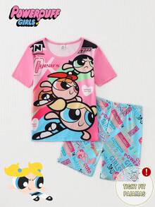 THE POWERPUFF GIRLS X SHEIN GraphicGems 2pcs Tween Girl Comfortable Round Neck Cartoon Print Short Sleeve Top And Shorts Summer Pajama Set - Pink - View 5