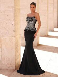 Glamrae Elegante y lujoso vestido de sirena de punto elástico con patchwork de bordado floral, cuentas de burbuja y lentejuelas, adecuado para boda, fiesta, despedida de soltera, vacaciones, baile de graduación, vestido de noche (estilo de mano de obra pesada) - Negro - Ver 5