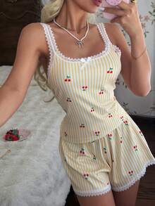 CottageSlumber Damen Gelb & Weiß Gestreift Kirsche Fein Gerippt Seide Spitze Camisole & Kurzarm Pyjama Set, Sexy Stil - Gelb - Übersicht 7
