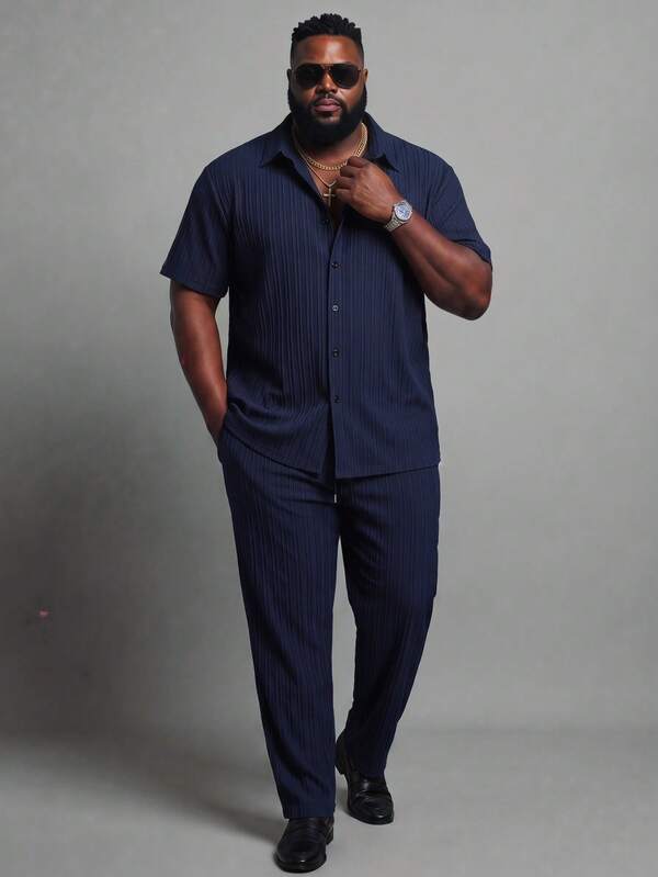 KRYTIVO 2 peças camisa e calça masculina plus size cor sólida manga curta abotoada terno casual verão roupas aconchegantes